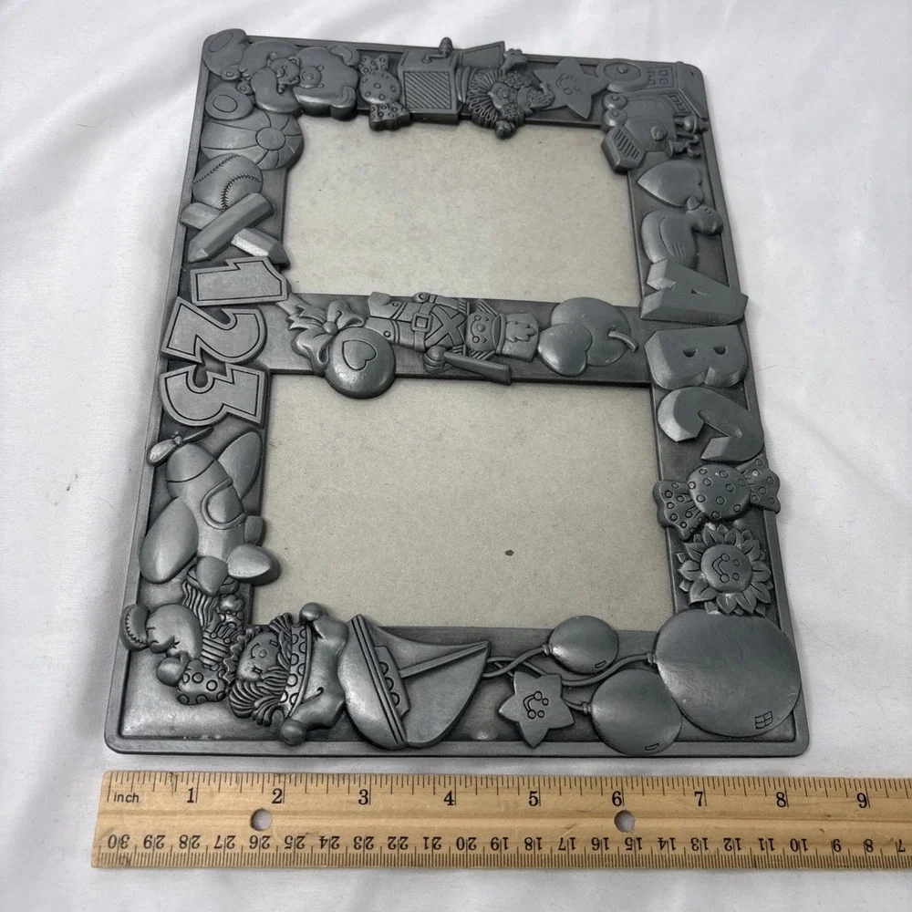 Pewter Metal Tabletop Picture Frame Child Theme ABC 123 Nursery Silver 2 Slots